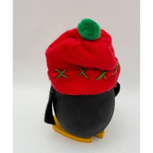 Handcrafted Wooden Penguin Christmas Figurine Festive Red Snow Hat Winter - Picture 2 of 7